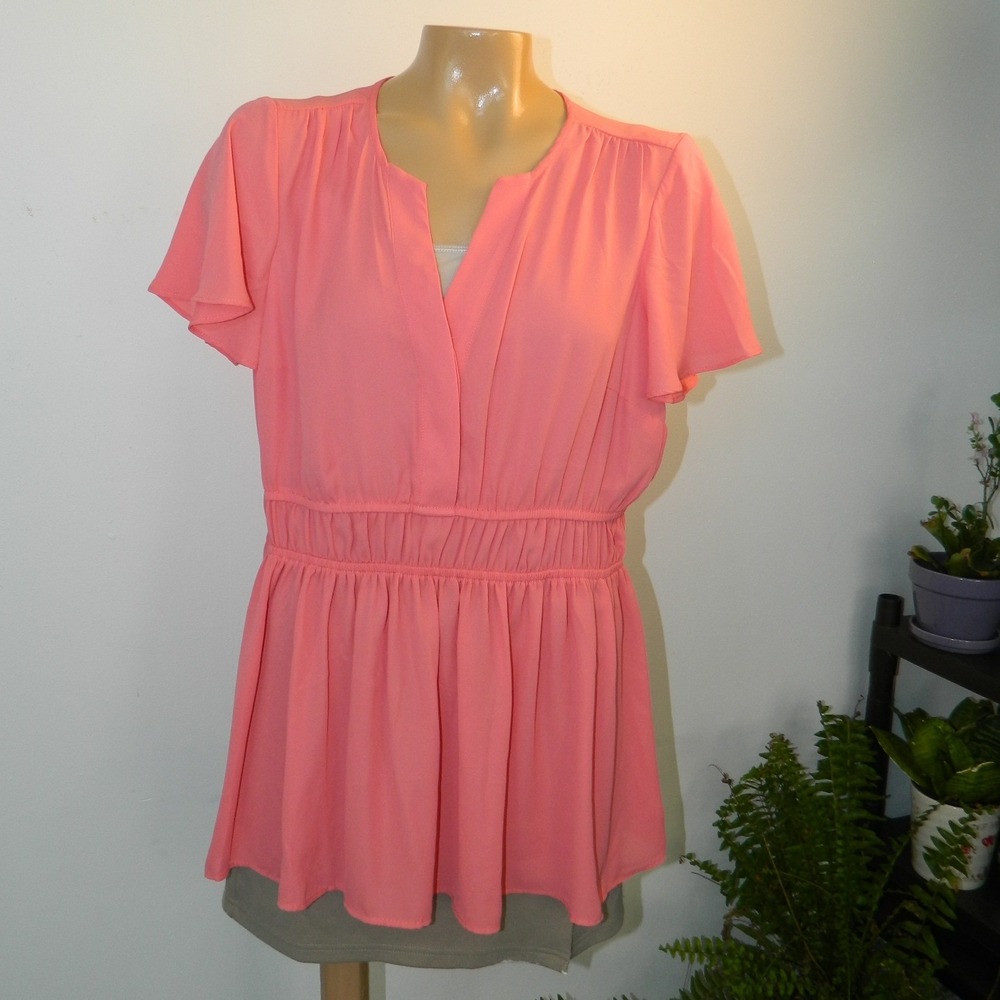 Torrid Peplum Top Women 00 Coral Pink V-Neck Short Flutter Sleeve Chiffon Blouse